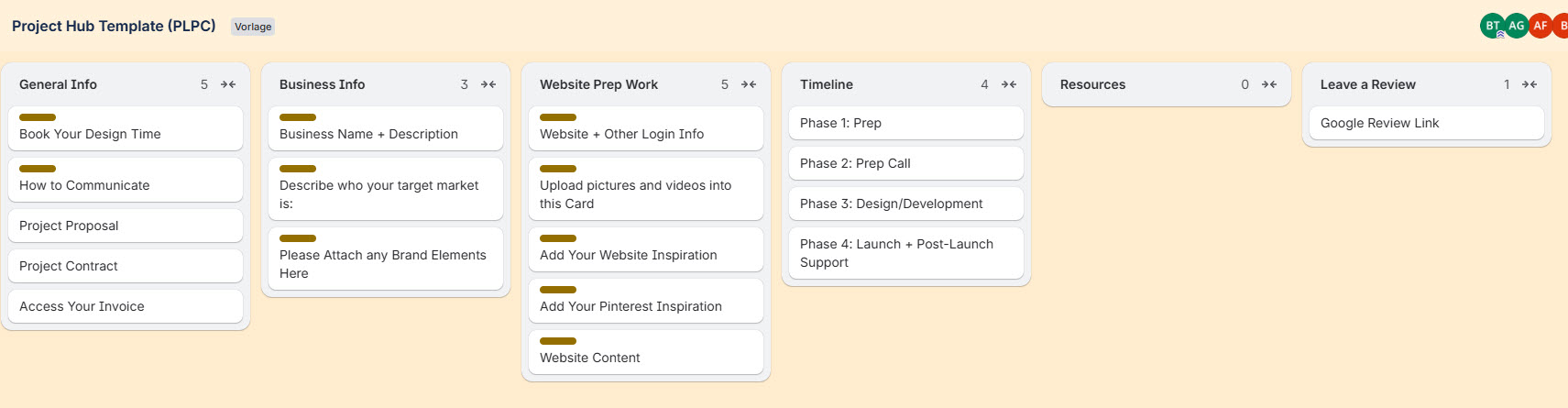Project Hub Template Board mit den Spalten General Info, Business Info, Website Prep Work, Timeline, Resources und Leave a Review